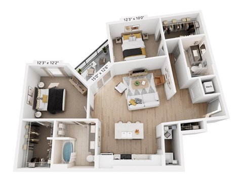 Floor plan for 2 beds, 2 baths, 1191 sqft